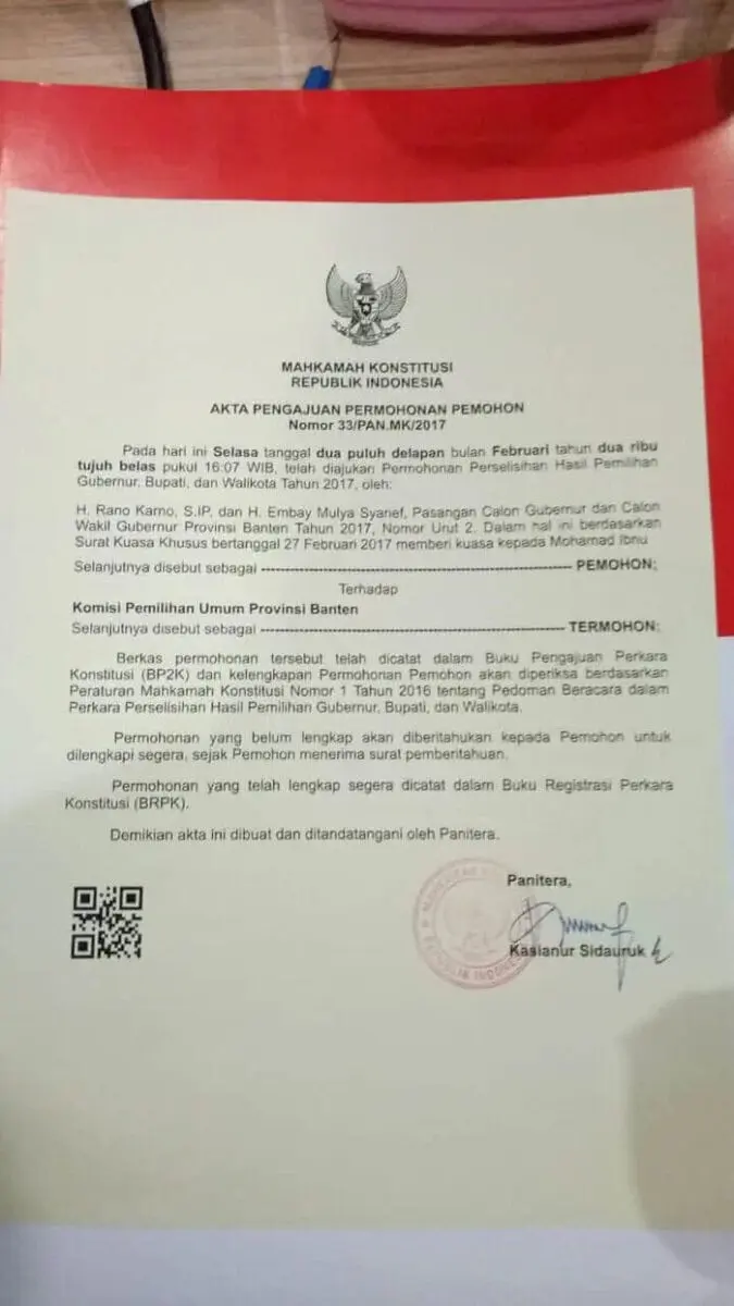 Banyak Pelanggaran, Rano-Embay Resmi Daftarkan Gugatan ke MK Banyak Pelanggaran, Rano-Embay Resmi Daftarkan Gugatan ke MK