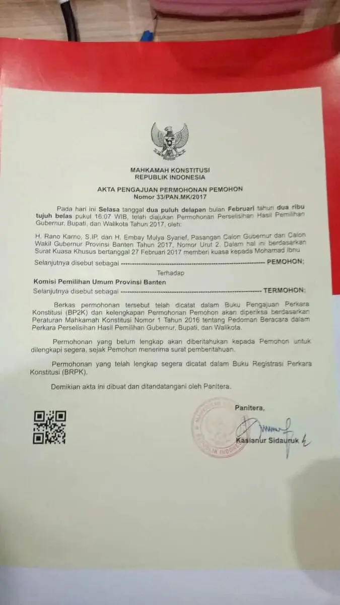 Banyak Pelanggaran, Rano-Embay Resmi Daftarkan Gugatan ke MK Banyak Pelanggaran, Rano-Embay Resmi Daftarkan Gugatan ke MK