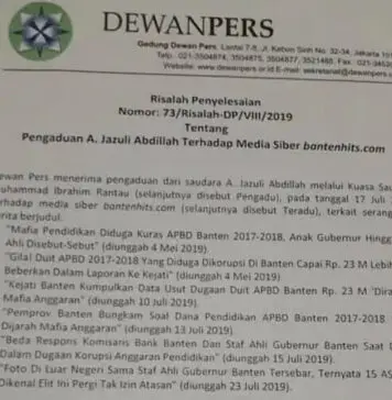 Dewan Pers Akhirnya Mengeluarkan Risalah Pengaduan Jazuli Abdillah Terhadap BantenHits Dewan Pers Akhirnya Mengeluarkan Risalah Pengaduan Jazuli Abdillah Terhadap BantenHits