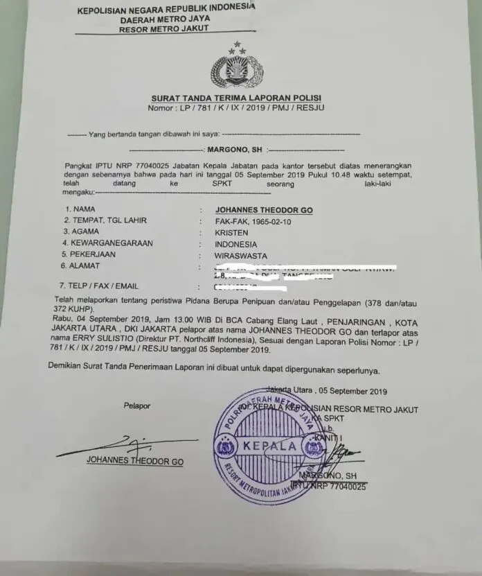 Dilaporkan Nasabah, Eks Dirut Northcliff Erry Sulistio Disidik Polisi Dilaporkan Nasabah, Eks Dirut Northcliff Erry Sulistio Disidik Polisi