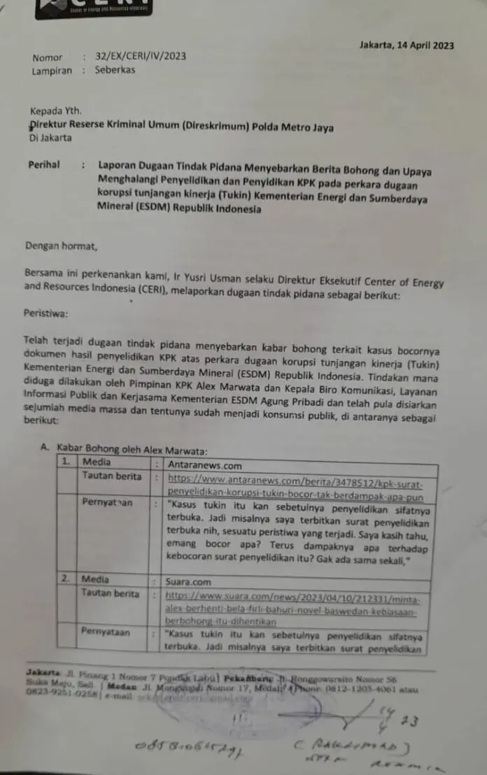 CERI Laporkan Wakil Ketua KPK dan Kabiro KLIK Kementerian ESDM ke Polda Metro Jaya CERI Laporkan Wakil Ketua KPK dan Kabiro KLIK Kementerian ESDM ke Polda Metro Jaya
